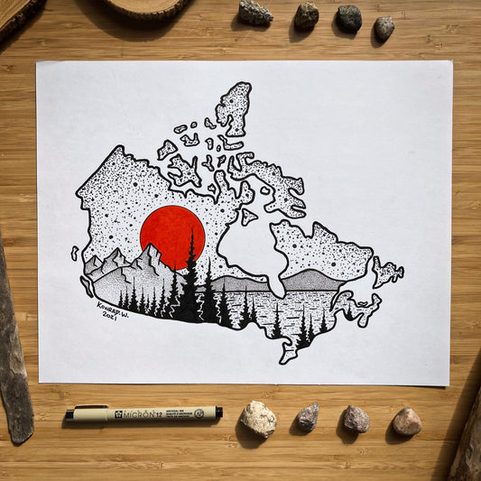 Canada Lake and Mountains - ORIGINAL 11x14 Pen and Ink Illustration