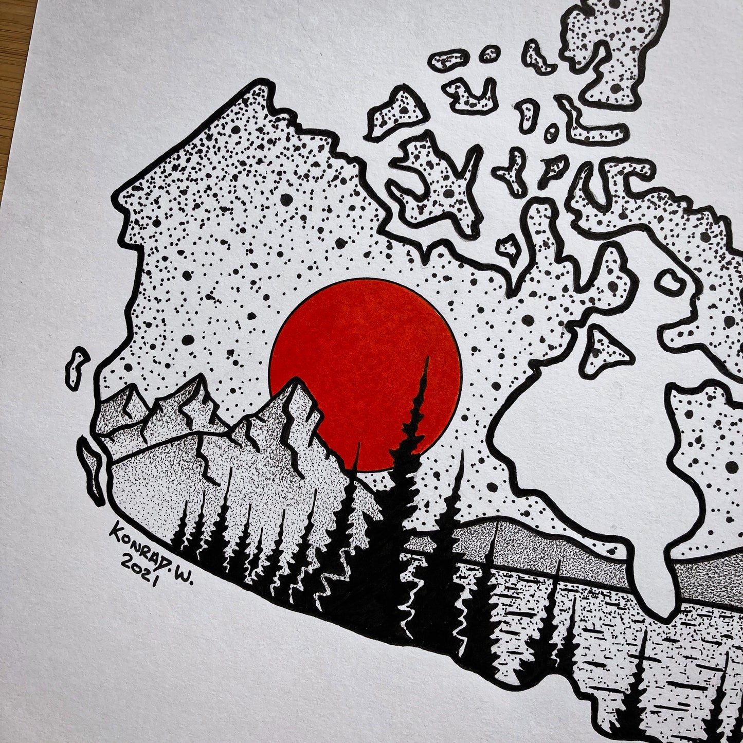 Canada Lake and Mountains - ORIGINAL 11x14 Pen and Ink Illustration