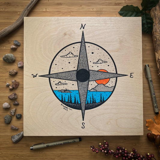 Compass Rose - ORIGINAL 12x12 Wood Panel Illustration
