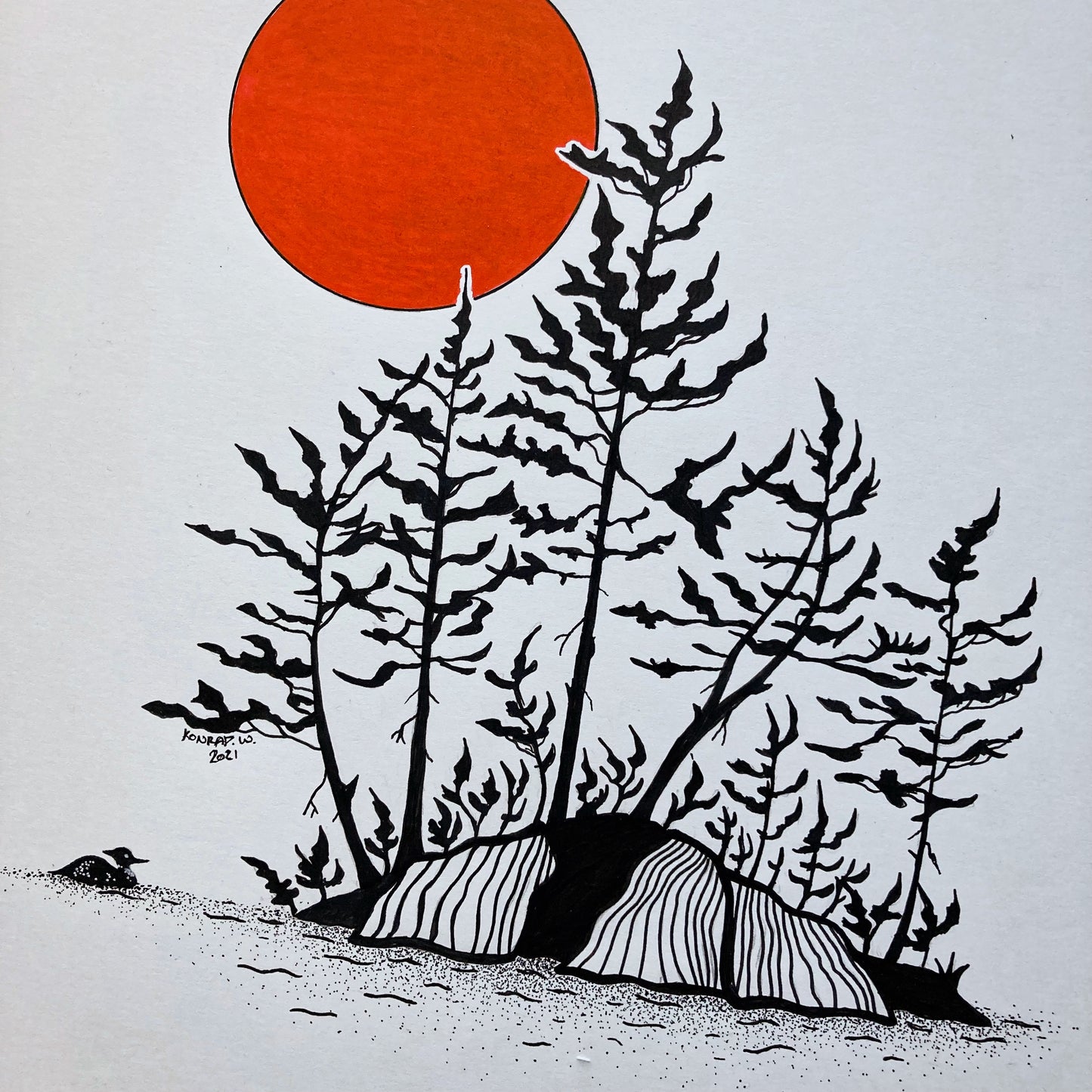 Red Sun Island - 11x14 ORIGINAL Pen and Ink Illustration