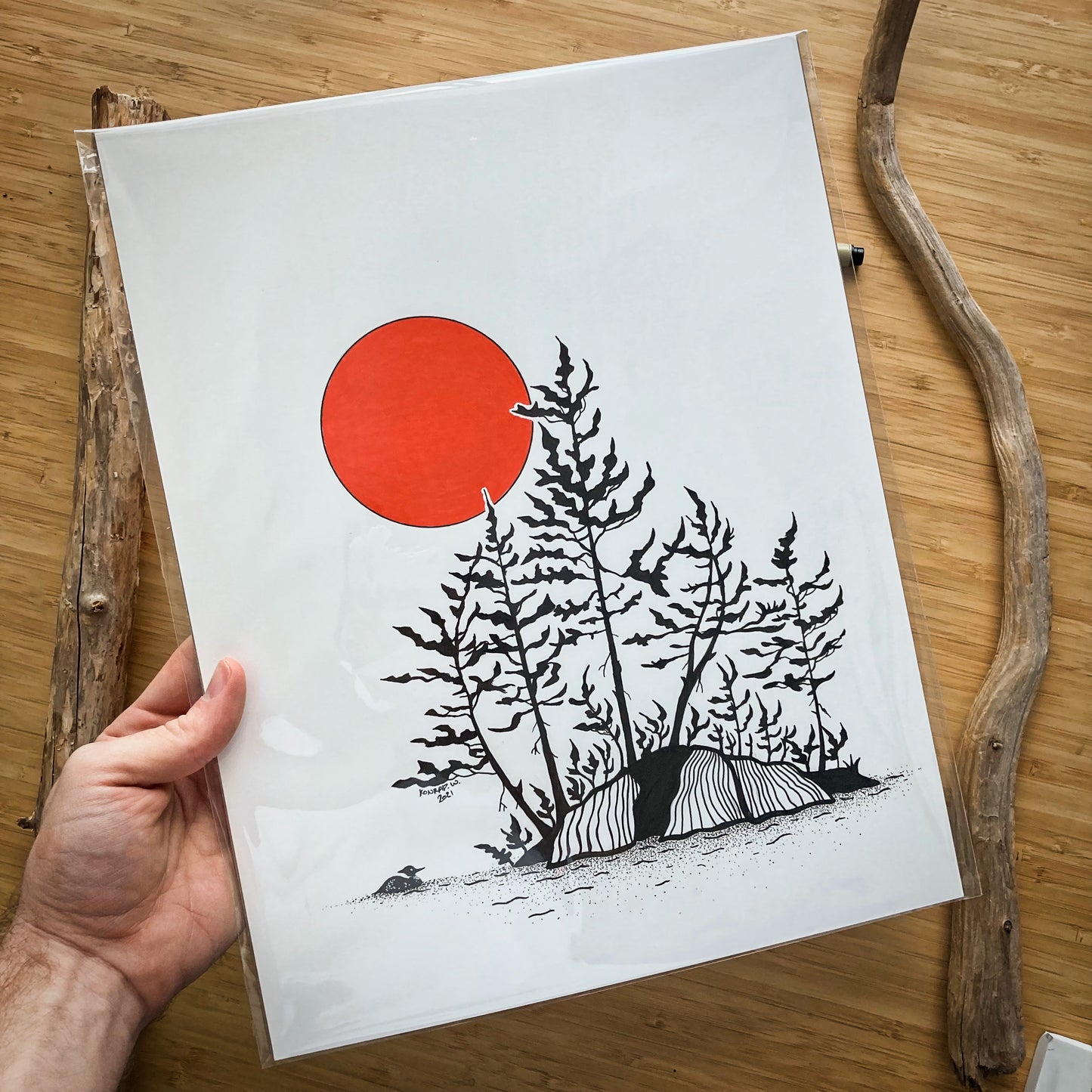 Red Sun Island - 11x14 ORIGINAL Pen and Ink Illustration