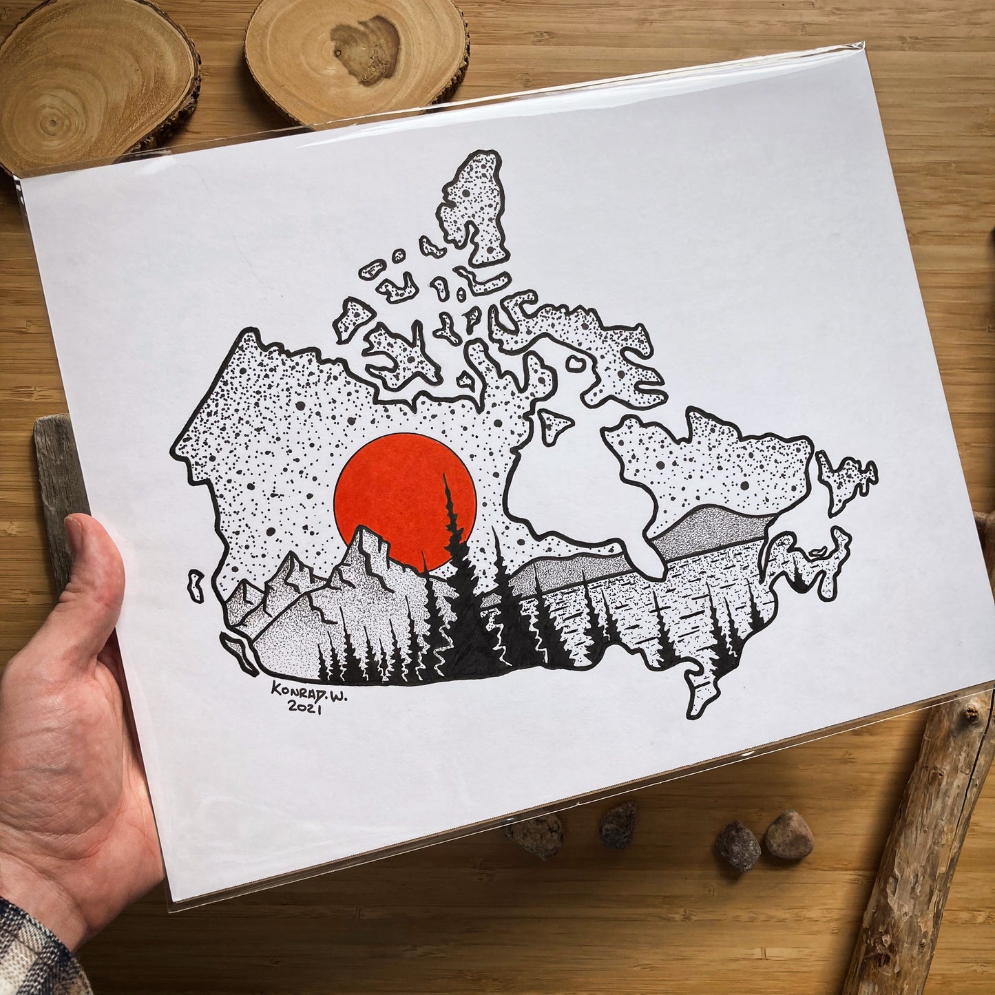Canada Lake and Mountains - ORIGINAL 11x14 Pen and Ink Illustration