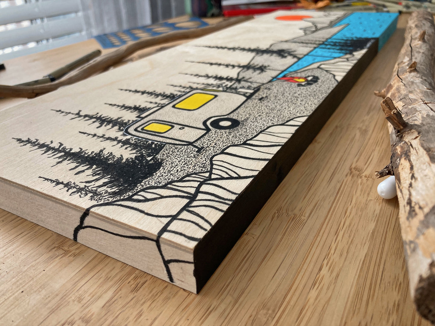 The Perfect Campsite Doesn’t Exisit- ORIGINAL 8x24 Wood Panel Illustration