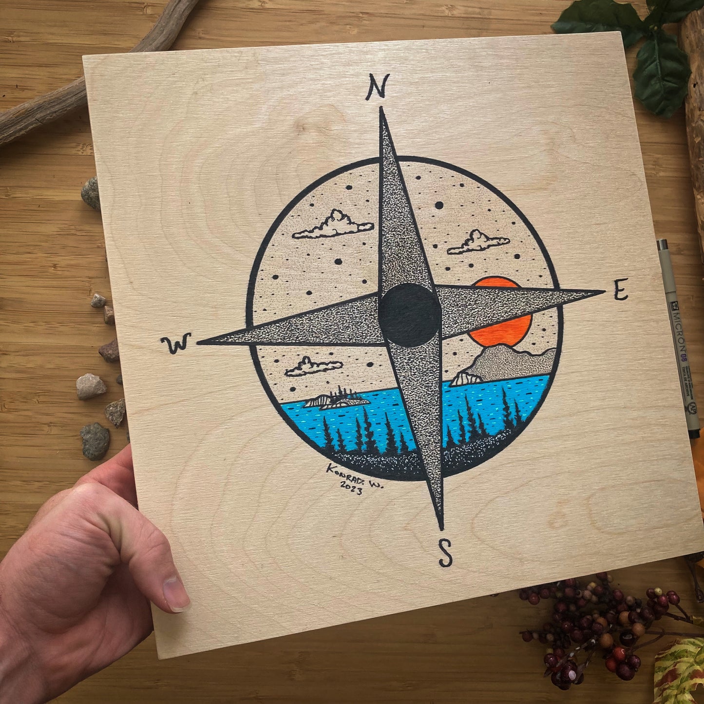 Compass Rose - ORIGINAL 12x12 Wood Panel Illustration