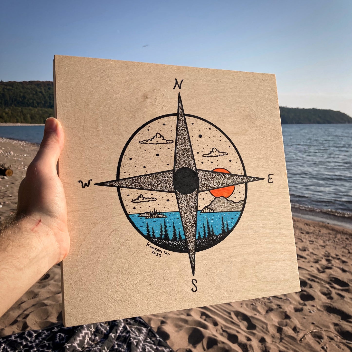 Compass Rose - ORIGINAL 12x12 Wood Panel Illustration