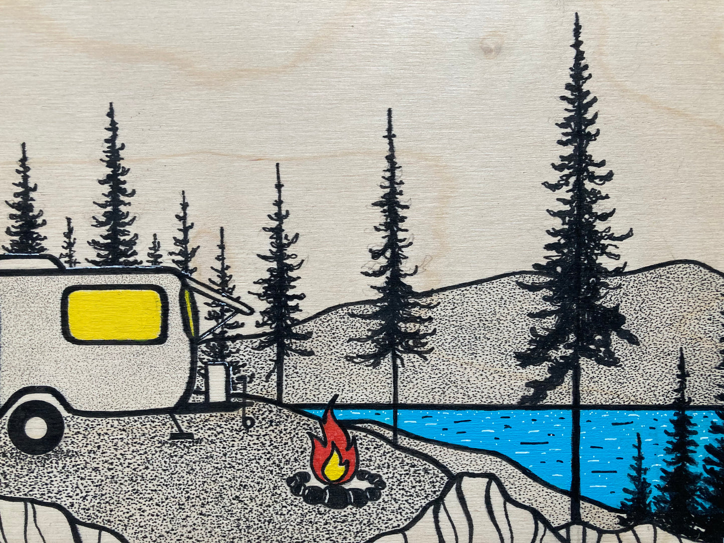 The Perfect Campsite Doesn’t Exisit- ORIGINAL 8x24 Wood Panel Illustration