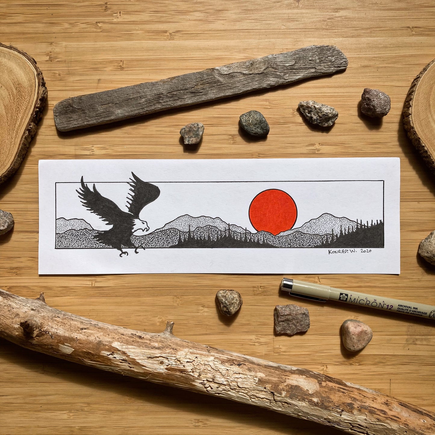 Fly Like An Eagle Panorama - ORIGINAL 11x3.5 Pen and Ink Illustration