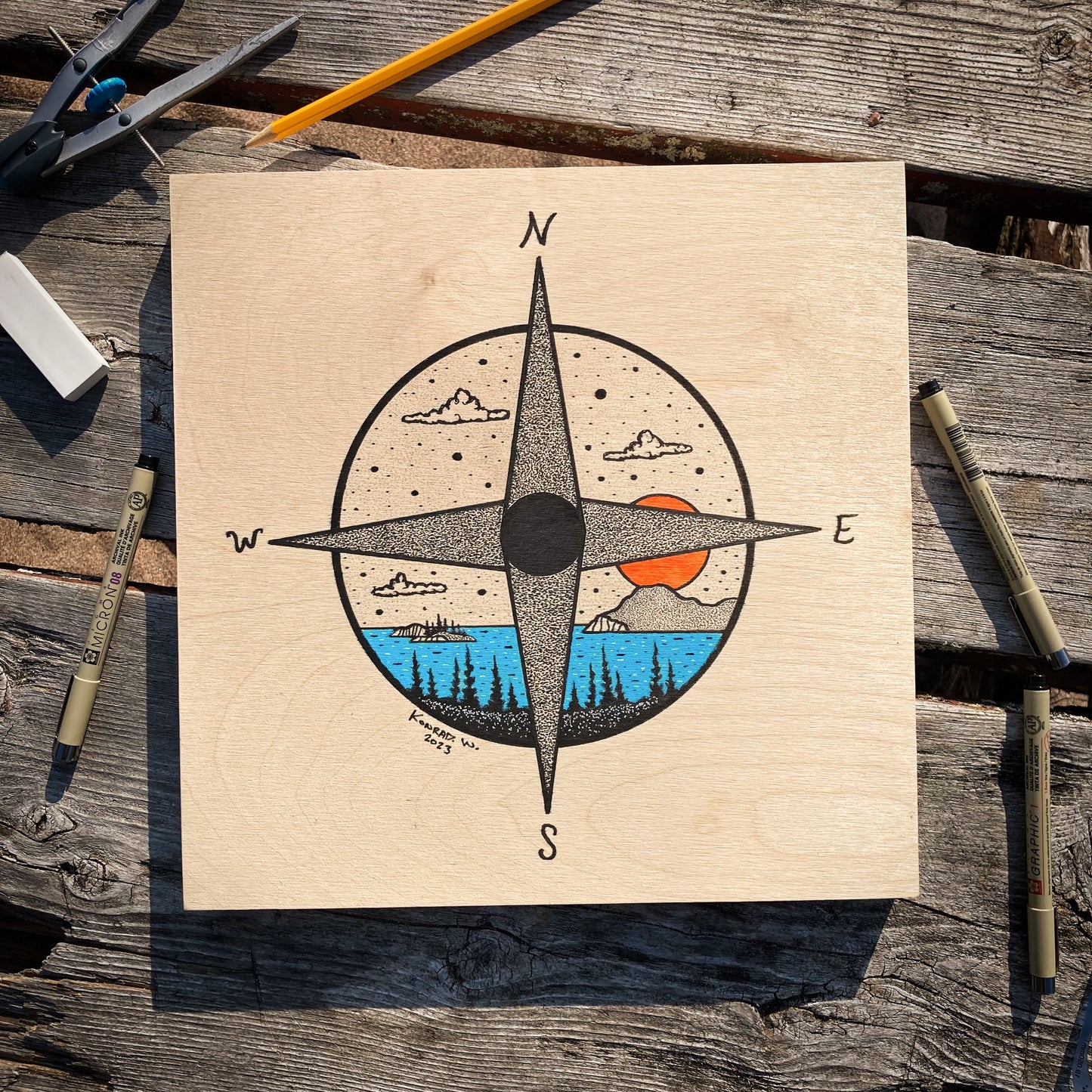 Compass Rose - ORIGINAL 12x12 Wood Panel Illustration