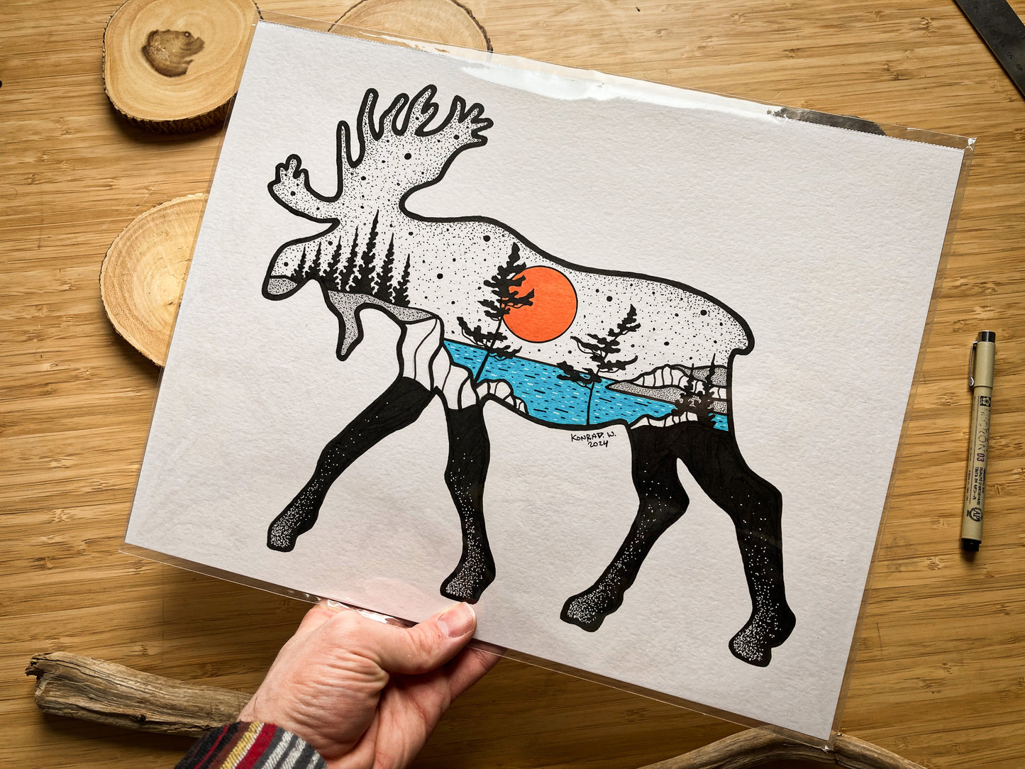 Moose Silhouette - ORIGINAL 11x14 Pen and Ink Illustration