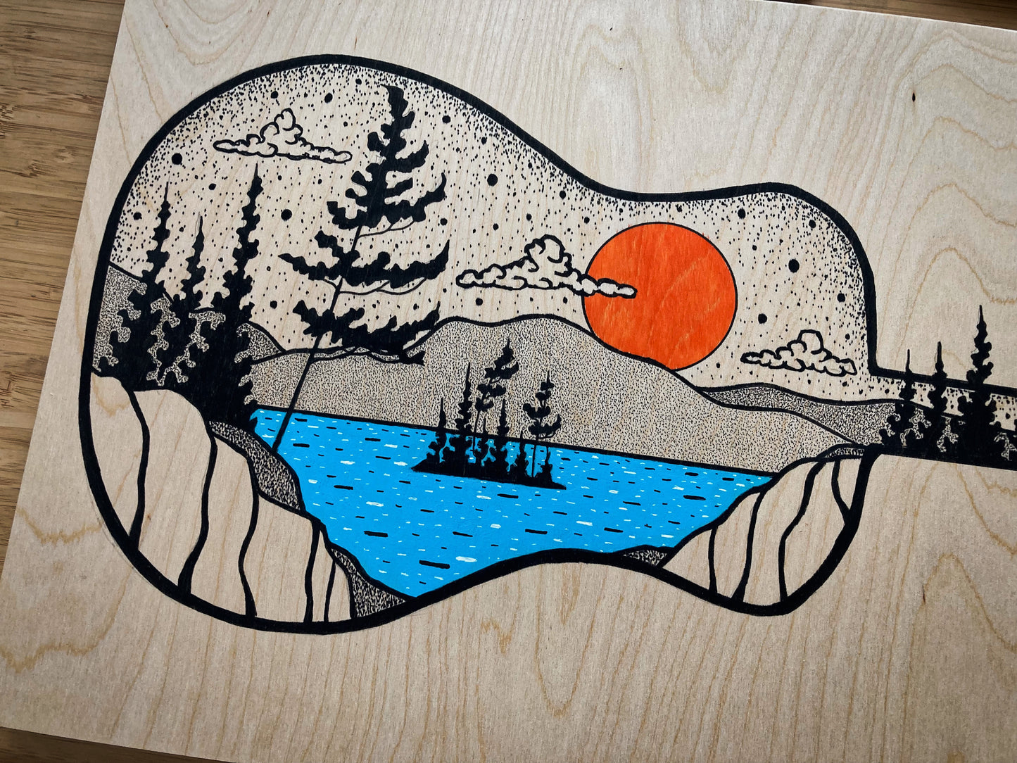 Guitar on Wood - ORIGINAL 12x24 Wood Panel Illustration