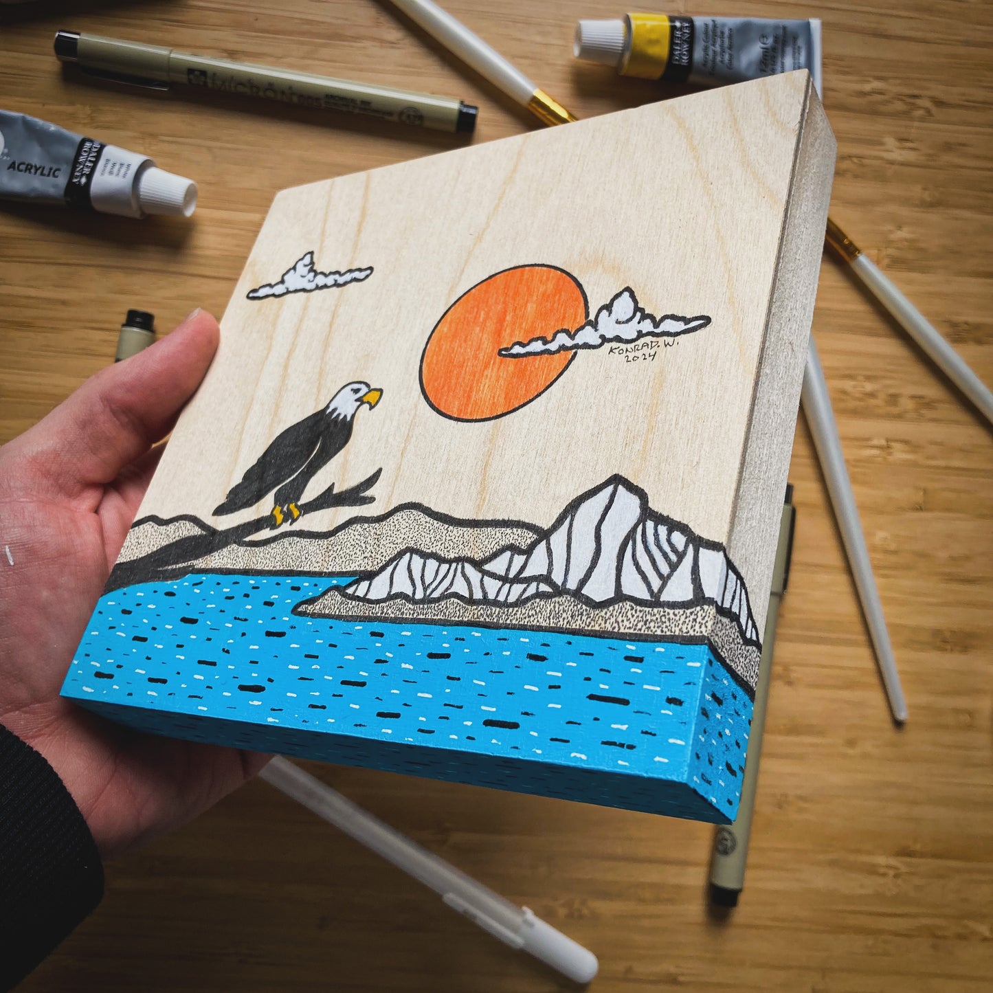 The Eagle - ORIGINAL 6x6 Wood Panel Illustration