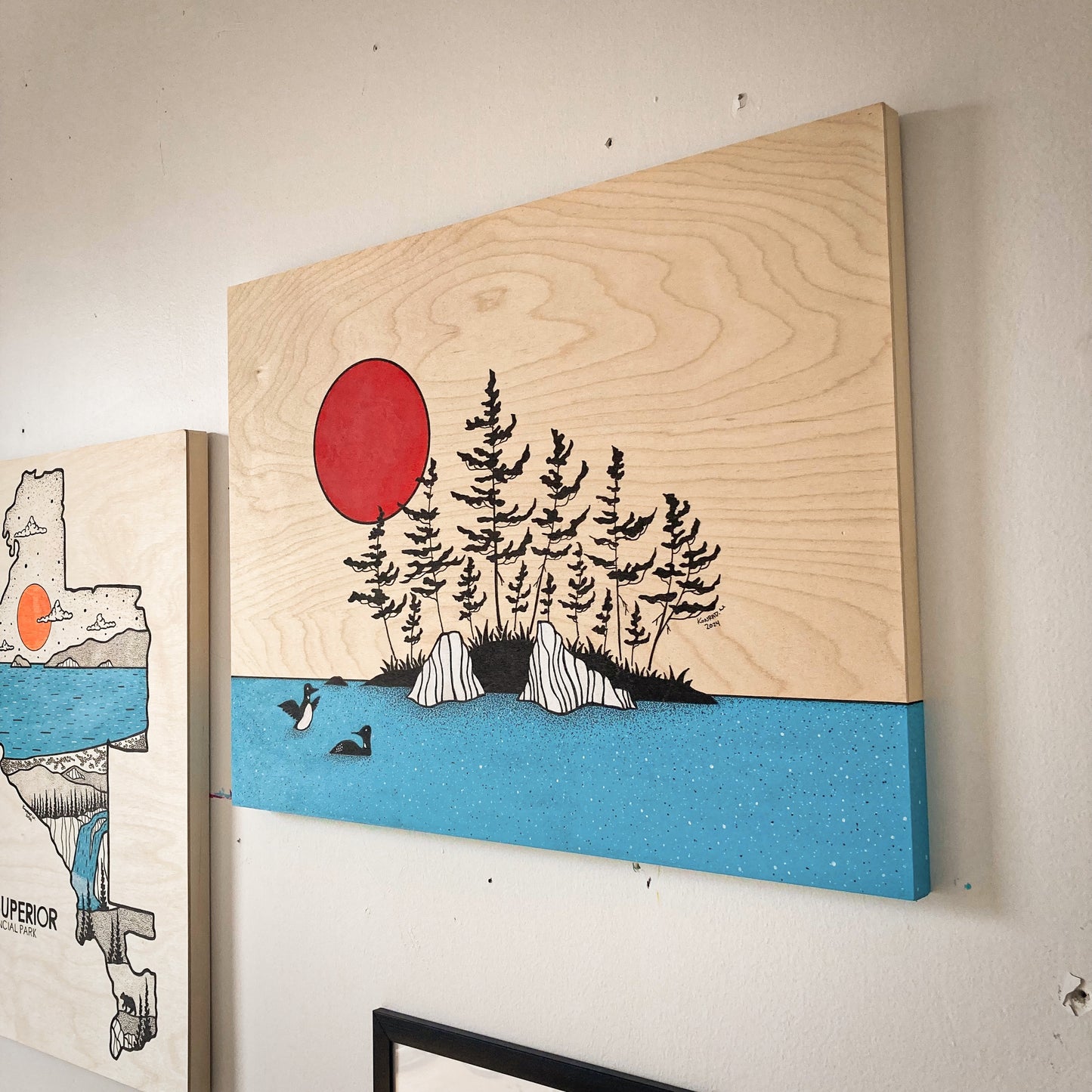 The Island With The Loons - ORIGINAL 18x24 Wood Panel Illustration