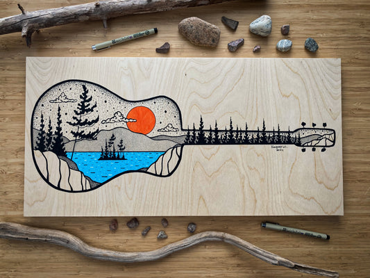 Guitar on Wood - ORIGINAL 12x24 Wood Panel Illustration