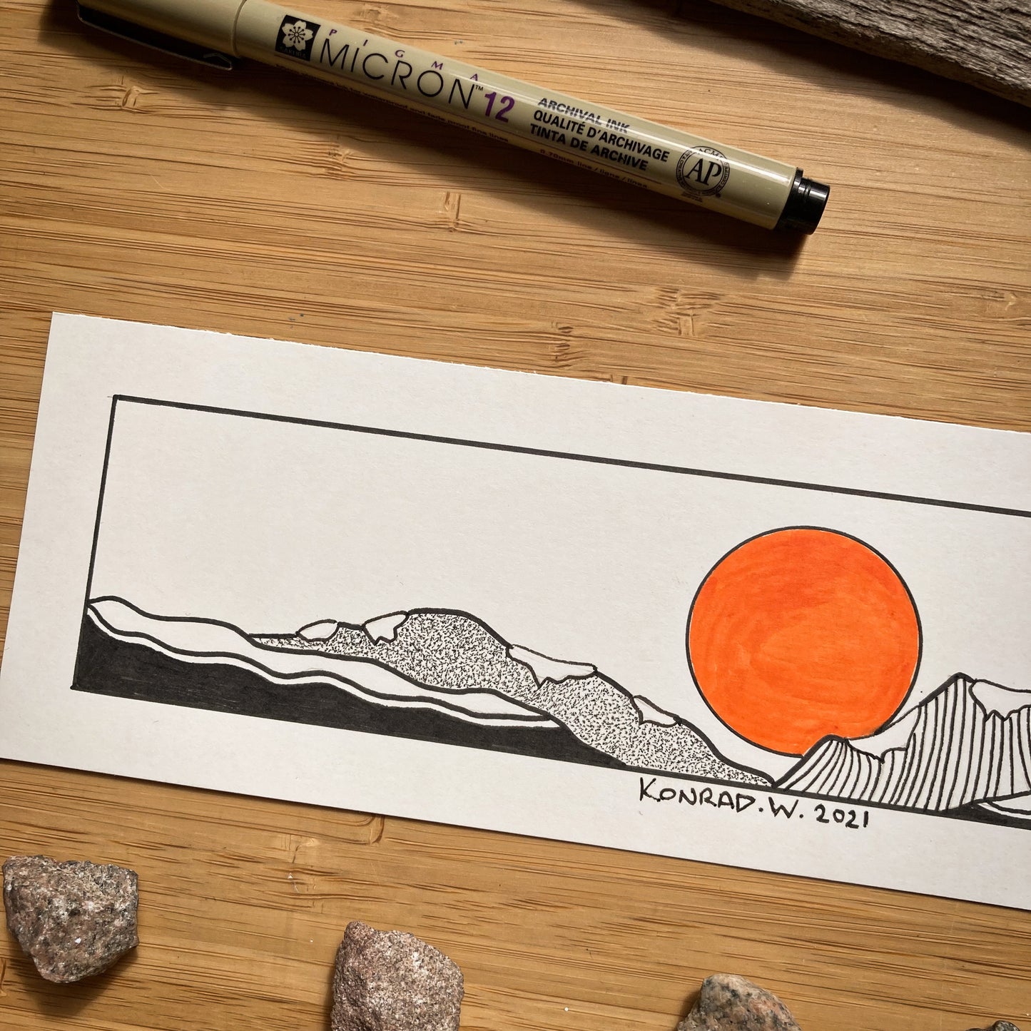 Snowy Mountains Panorama - ORIGINAL 11x3 Pen and Ink Illustration