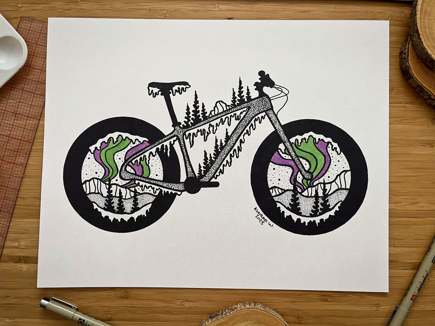 Fat Bike Northern Lights - Pen and Ink PRINT