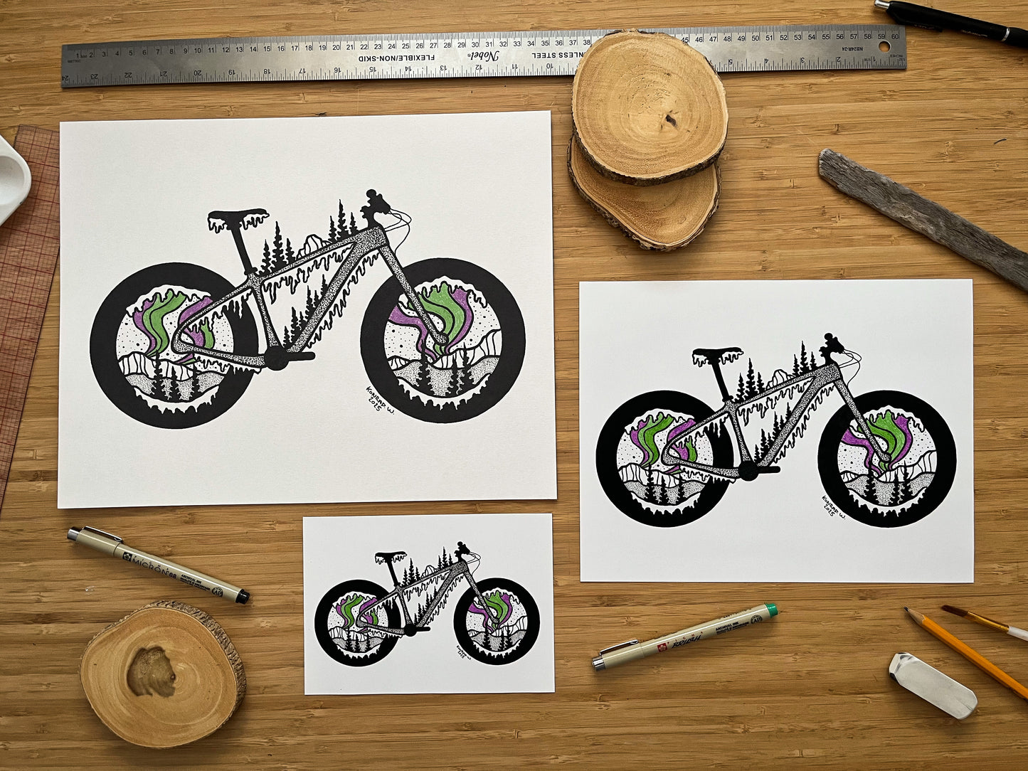 Fat Bike Northern Lights - Pen and Ink PRINT