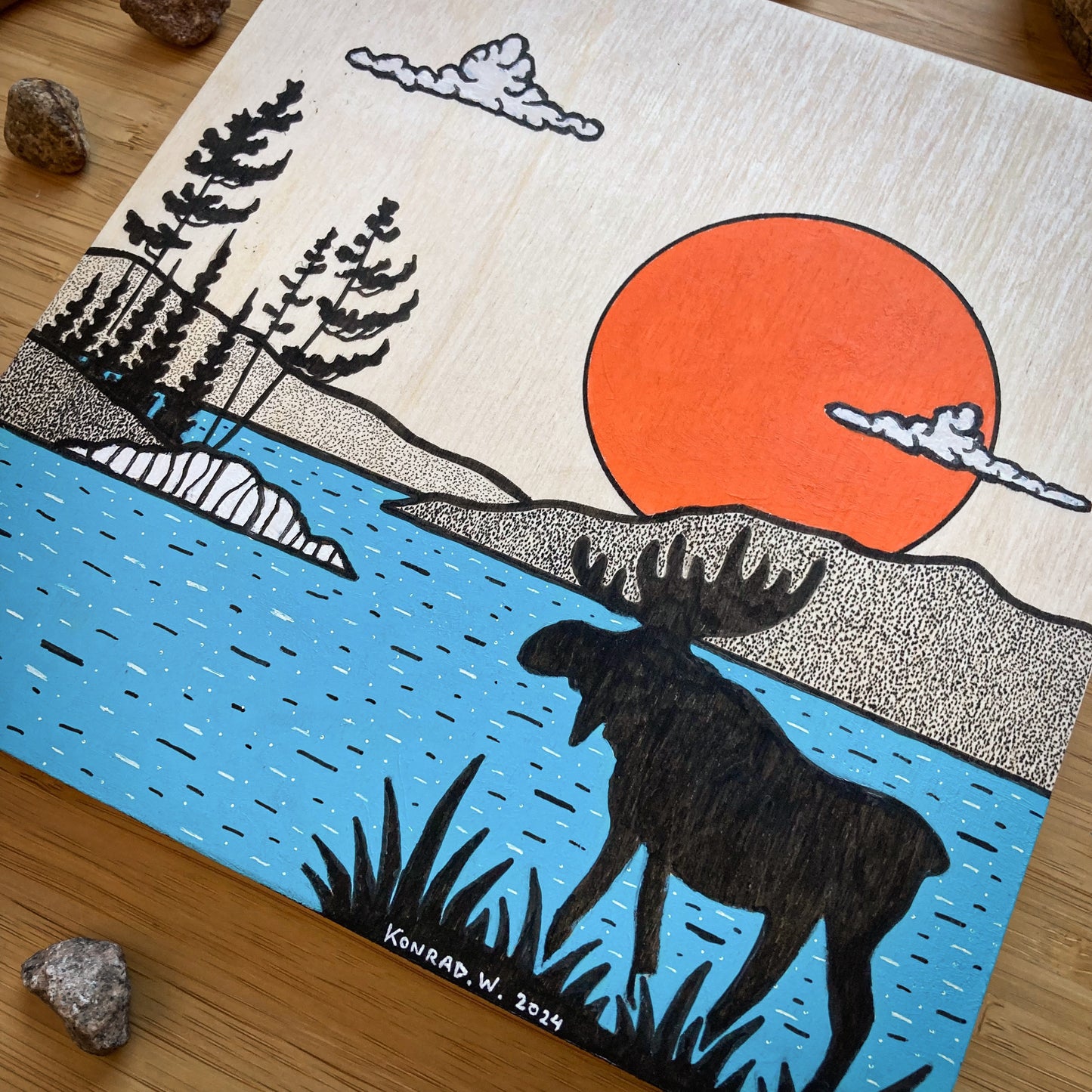 Moose By The Lake - ORIGINAL 8x8 Wood Panel Illustration