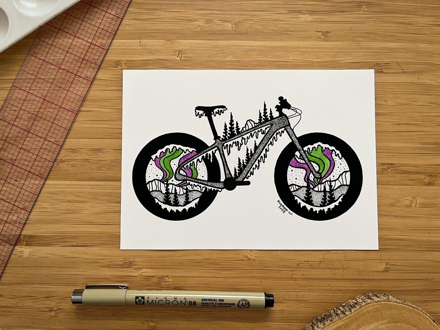 Fat Bike Northern Lights - Pen and Ink PRINT