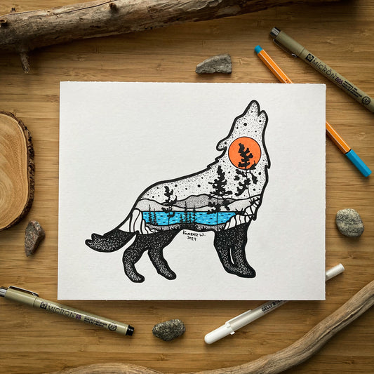 The Howling Wolf - 8x10 ORIGINAL Pen and Ink Illustration