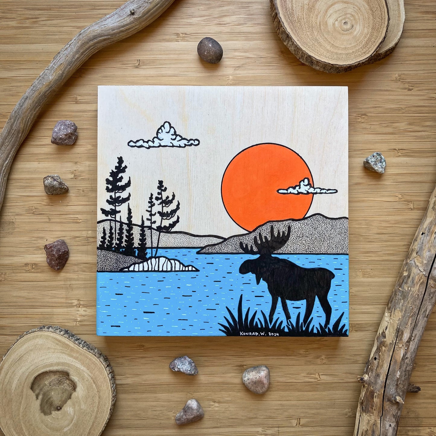 Moose By The Lake - ORIGINAL 8x8 Wood Panel Illustration