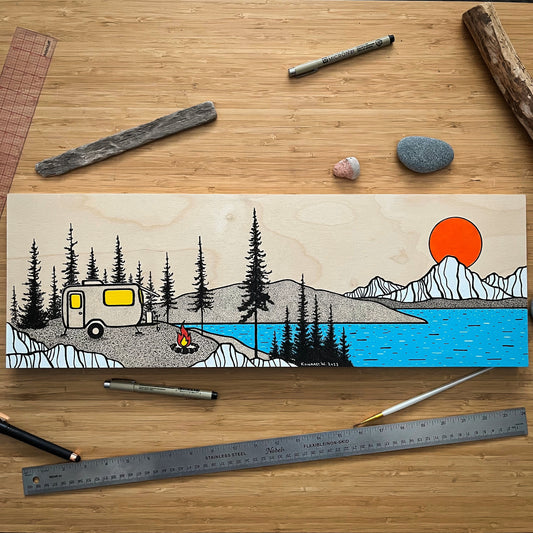 The Perfect Campsite Doesn’t Exisit- ORIGINAL 8x24 Wood Panel Illustration