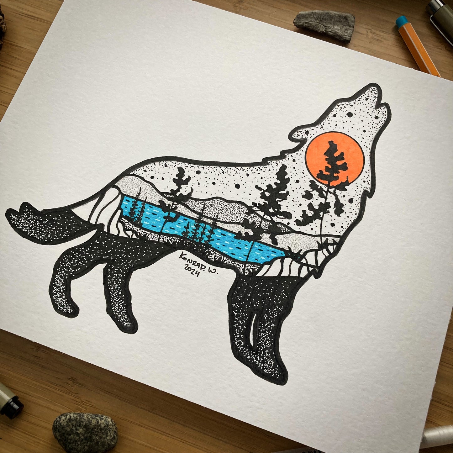 The Howling Wolf - 8x10 ORIGINAL Pen and Ink Illustration