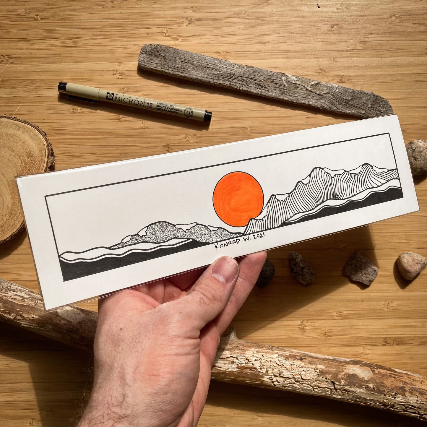 Snowy Mountains Panorama - ORIGINAL 11x3 Pen and Ink Illustration