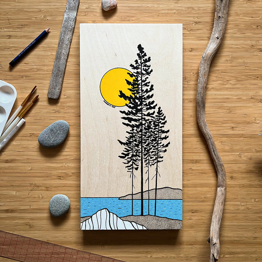 The Trees Along The Shore - ORIGINAL 6x16 Wood Panel Illustration