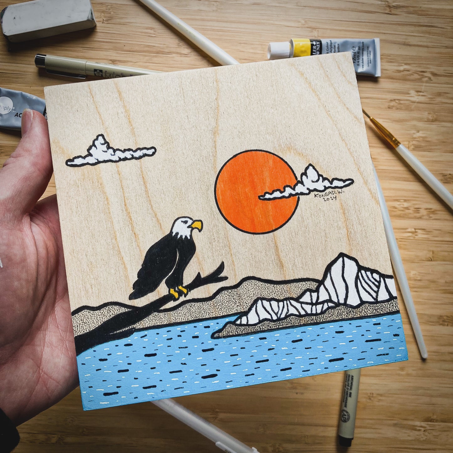 Bald Eagle- ORIGINAL 6x6 Wood Panel Illustration