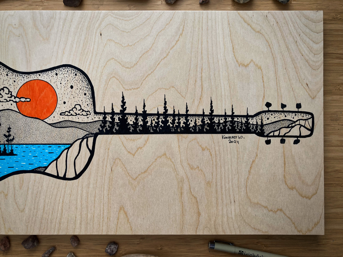 Guitar on Wood - ORIGINAL 12x24 Wood Panel Illustration