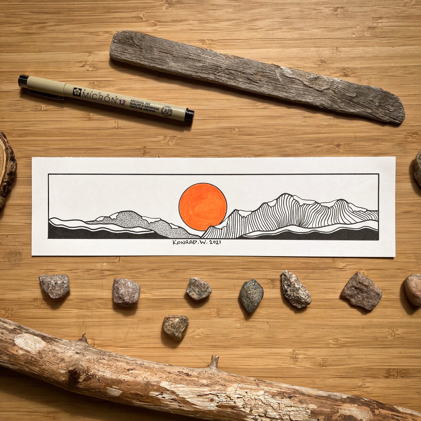 Snowy Mountains Panorama - ORIGINAL 11x3 Pen and Ink Illustration