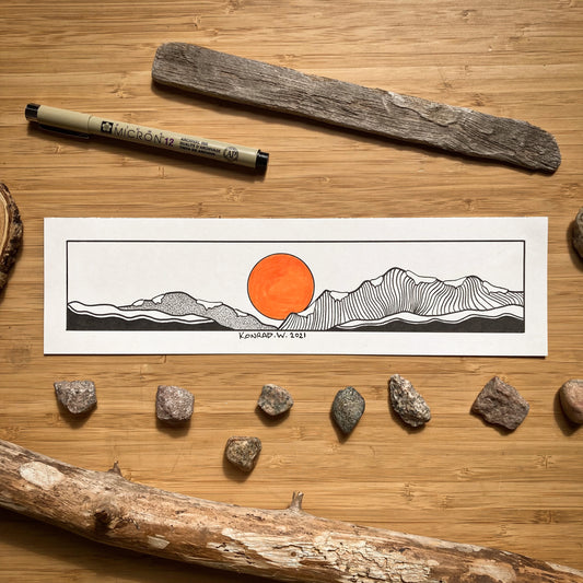 Snowy Mountains Panorama - ORIGINAL 11x3 Pen and Ink Illustration