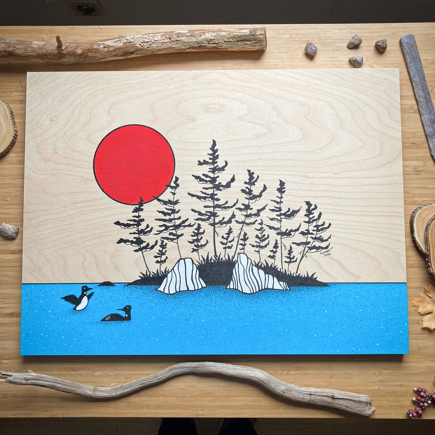 The Island With The Loons - ORIGINAL 18x24 Wood Panel Illustration