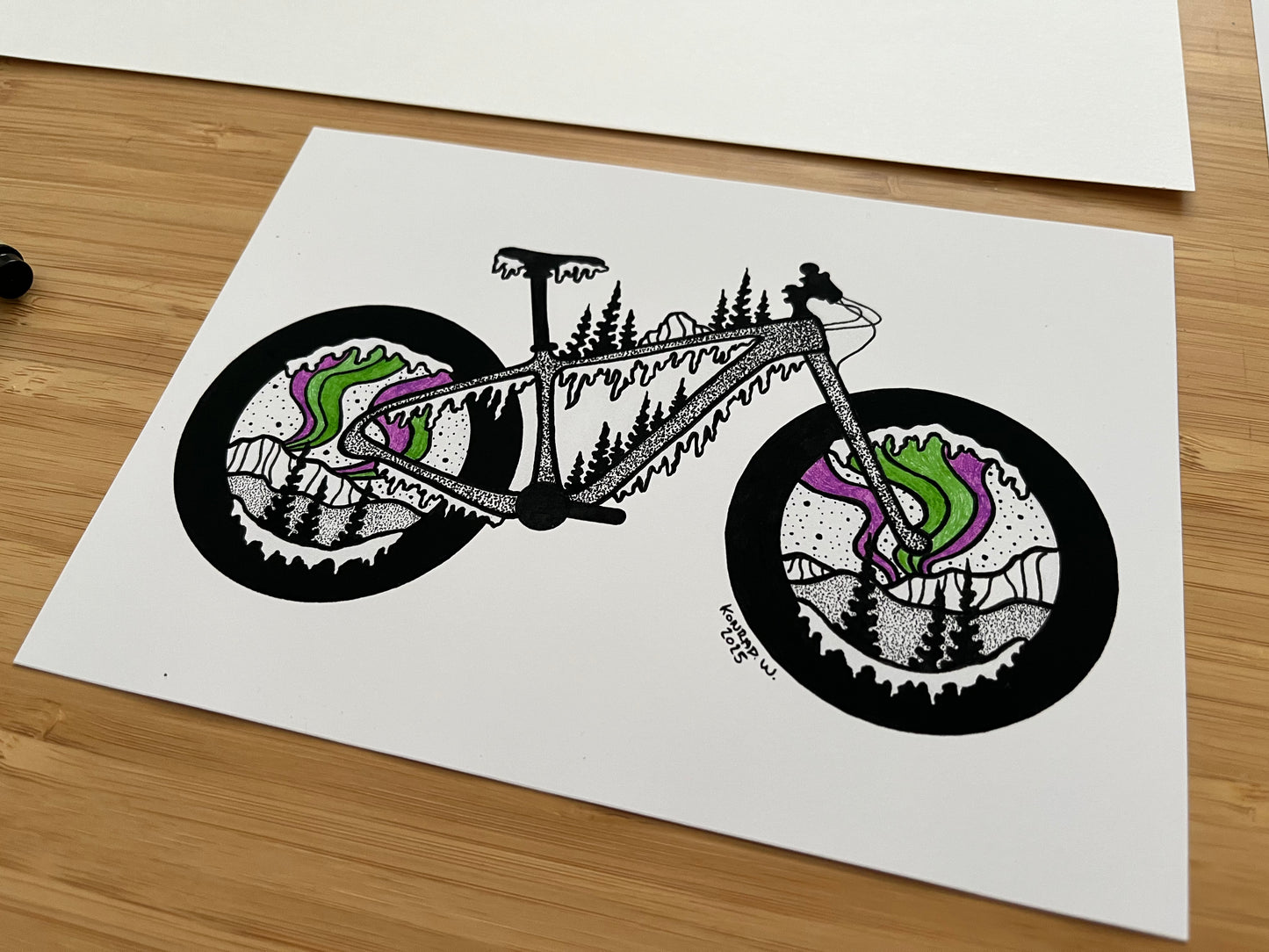 Fat Bike Northern Lights - Pen and Ink PRINT