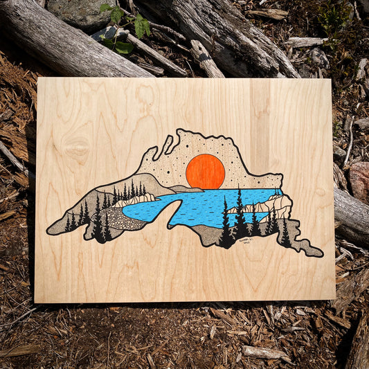Noisy Bay - Lake Superior - ORIGINAL 18x24 Wood Panel Illustration