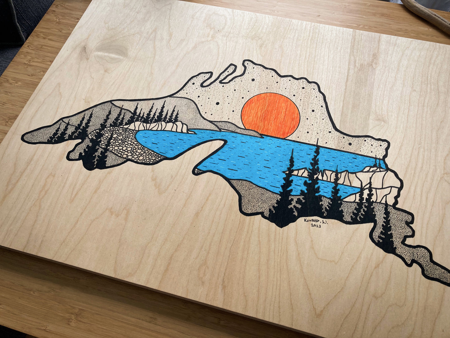 Noisy Bay - Lake Superior - ORIGINAL 18x24 Wood Panel Illustration