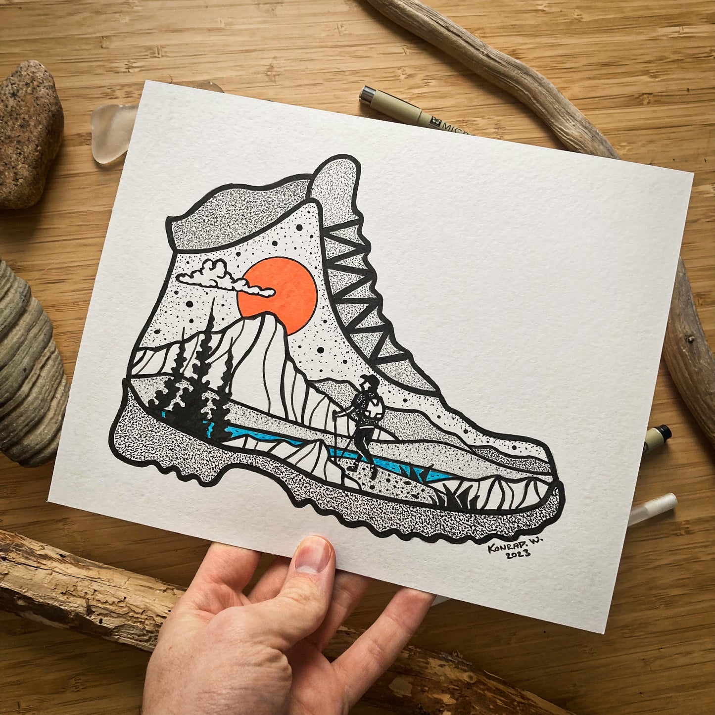Hiking in the Mountains - Hiking Boot - 8x10 ORIGINAL Pen and Ink Illustration