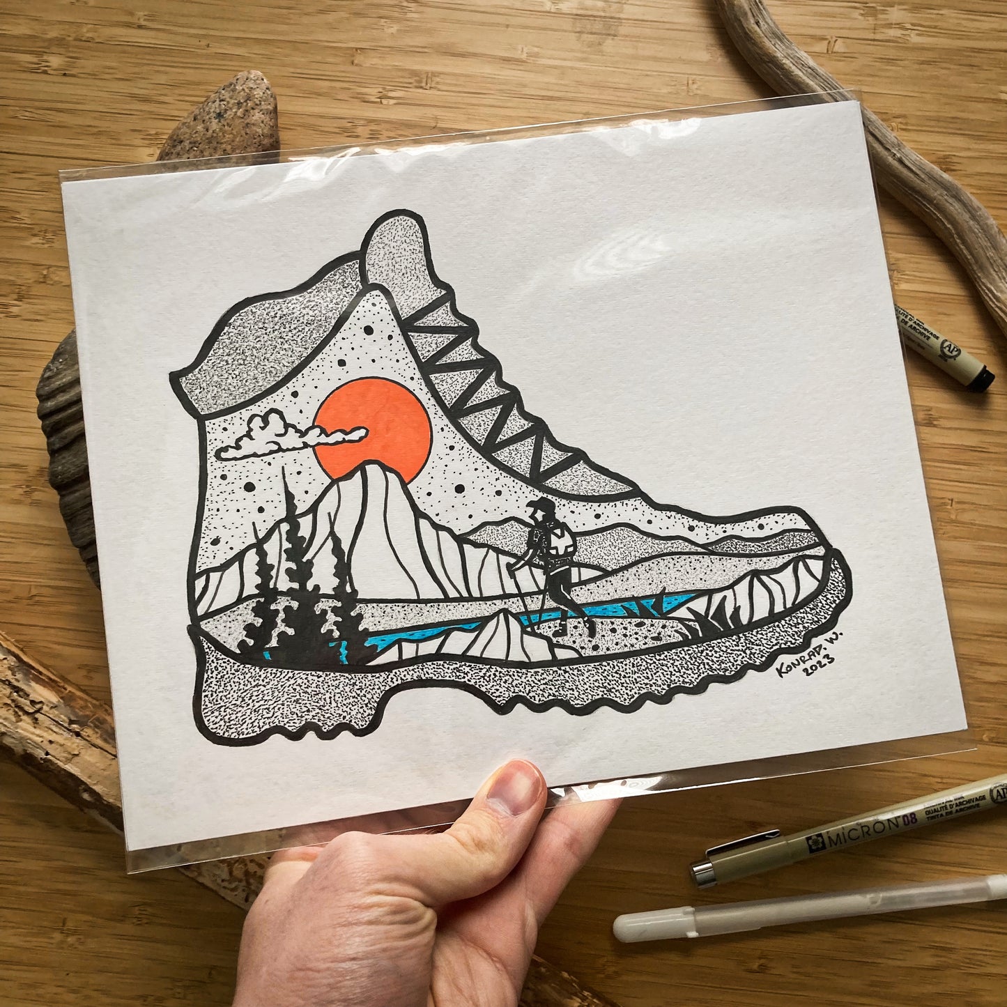 Hiking in the Mountains - Hiking Boot - 8x10 ORIGINAL Pen and Ink Illustration