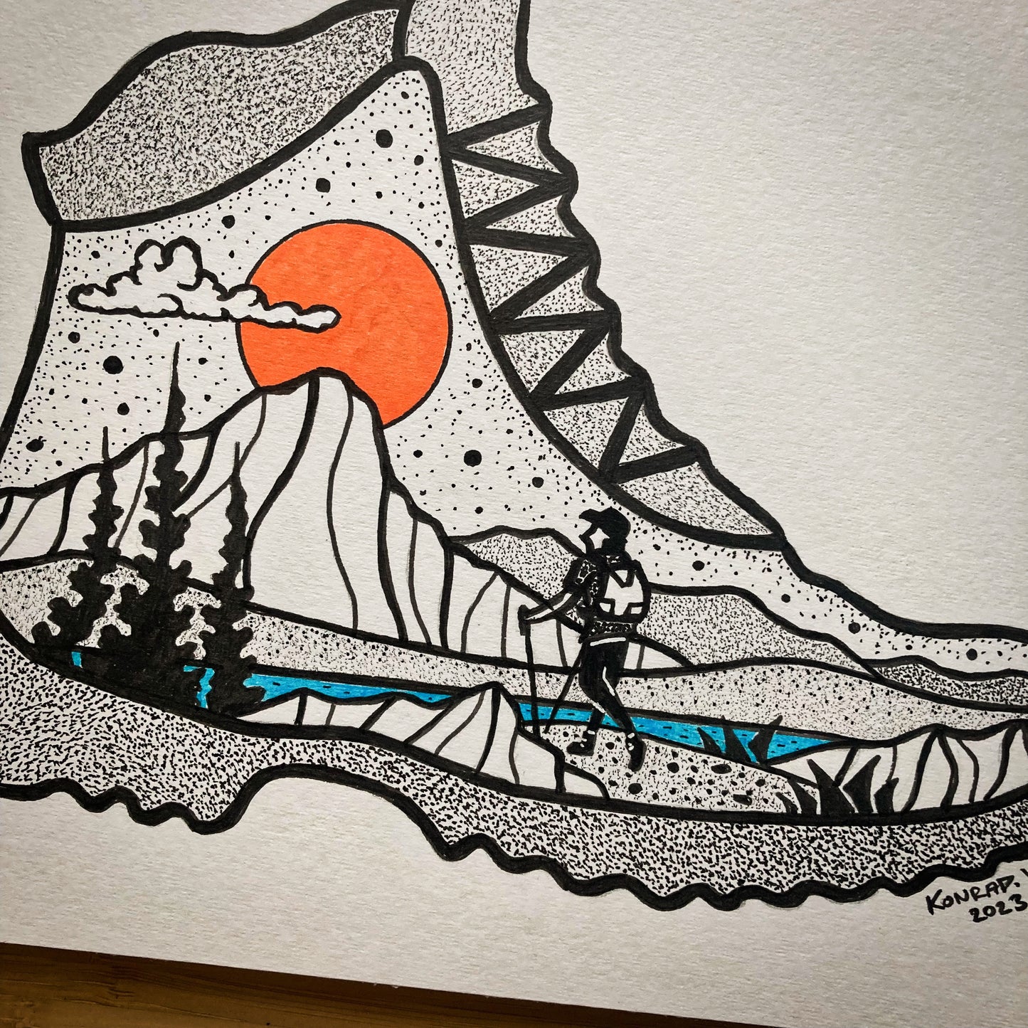Hiking in the Mountains - Hiking Boot - 8x10 ORIGINAL Pen and Ink Illustration
