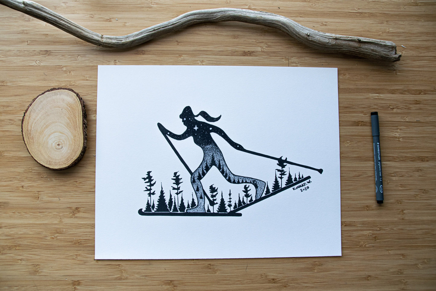 Female Nordic Skier - Pen and Ink PRINT