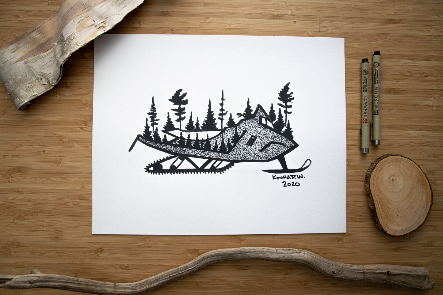 Snowmobile Silhouette - Pen and Ink PRINT