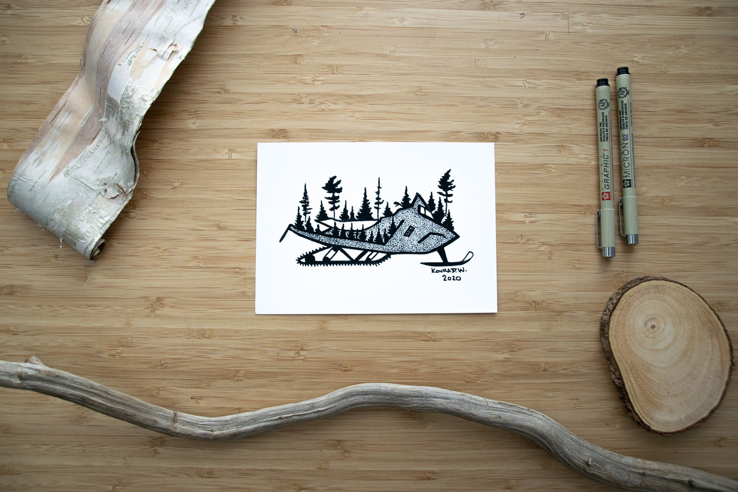 Snowmobile Silhouette - Pen and Ink PRINT