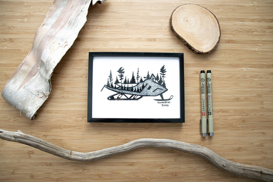 Snowmobile Silhouette - Pen and Ink PRINT