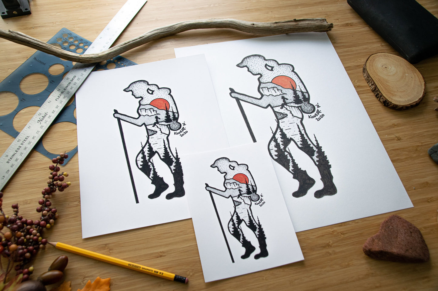 Hiking Girl - Pen and Ink PRINT