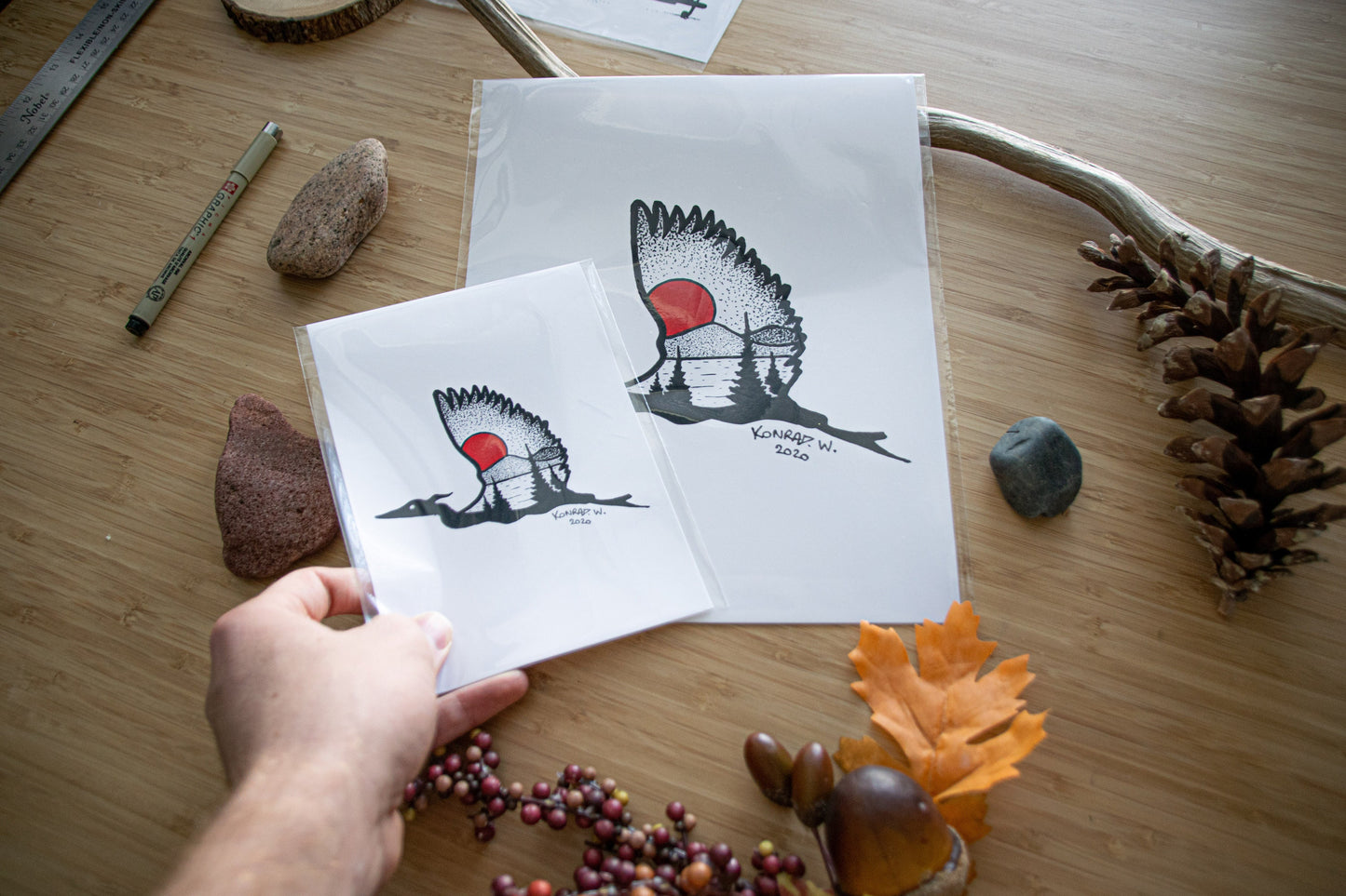 Flying Heron - Pen and Ink PRINT