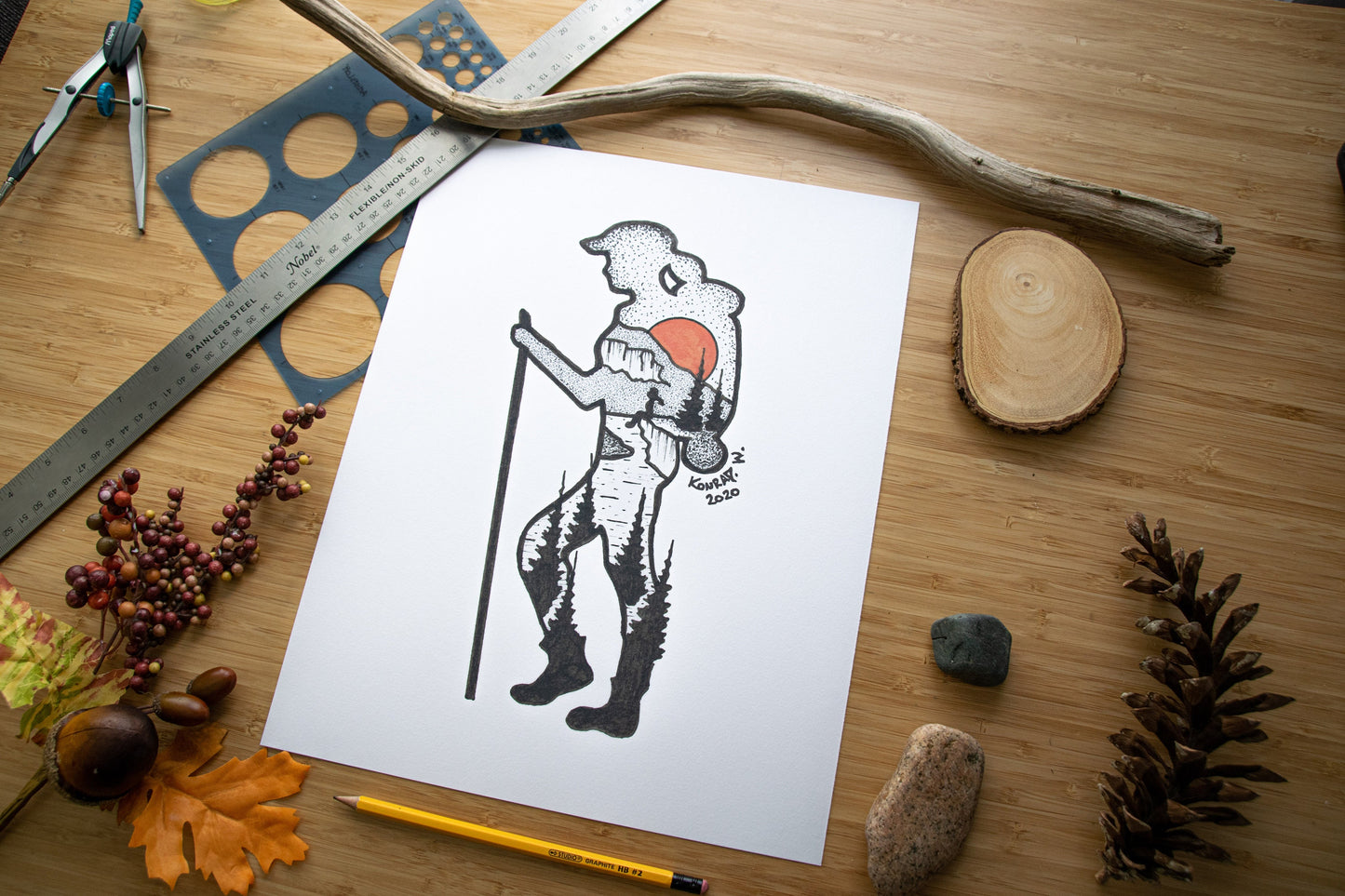 Hiking Girl - Pen and Ink PRINT