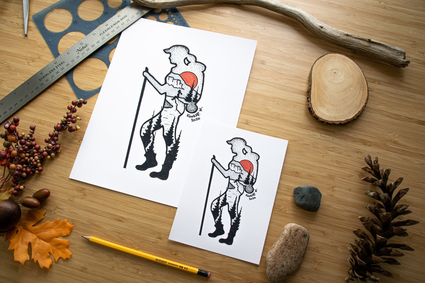 Hiking Girl - Pen and Ink PRINT