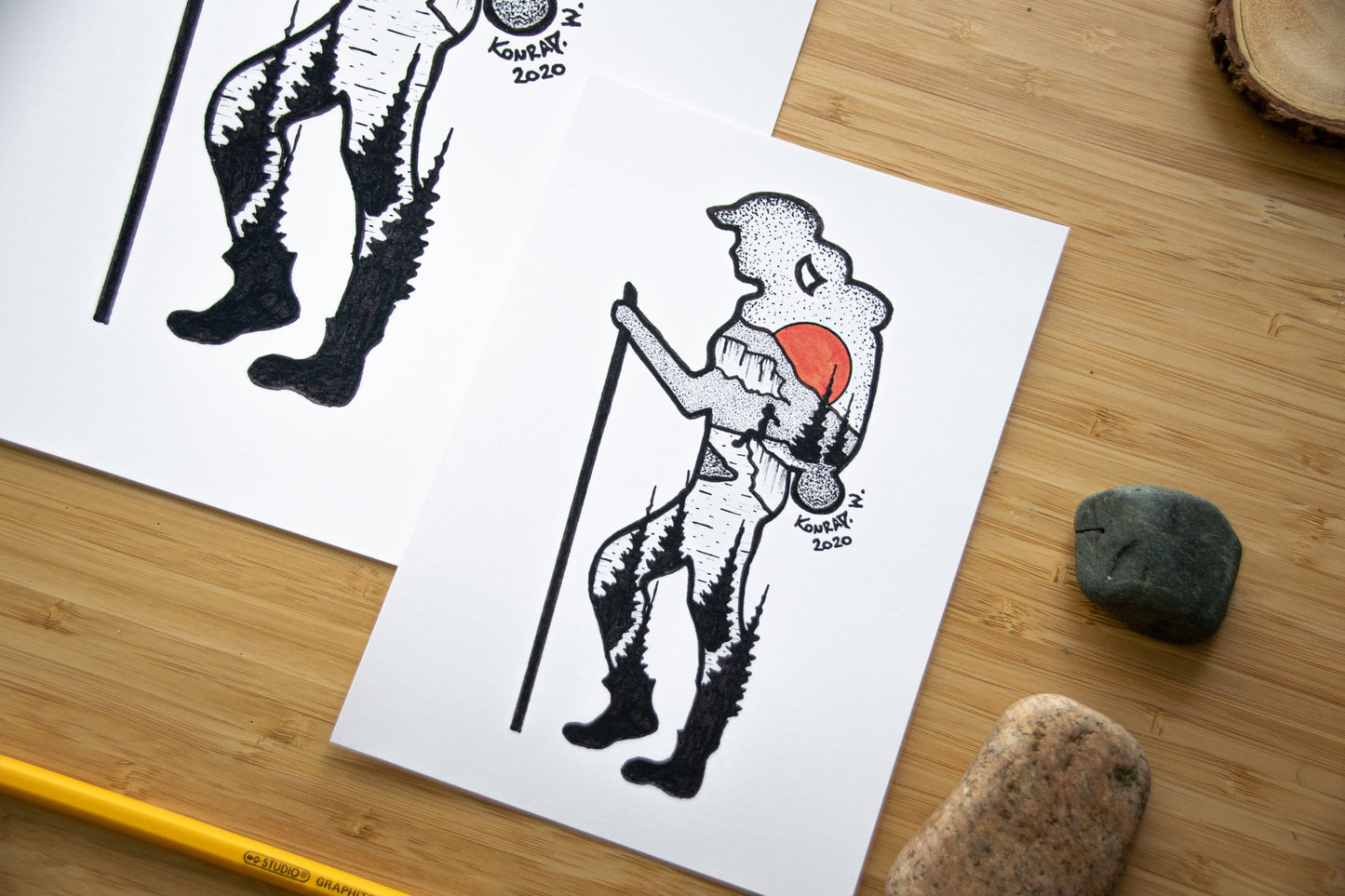 Hiking Girl - Pen and Ink PRINT