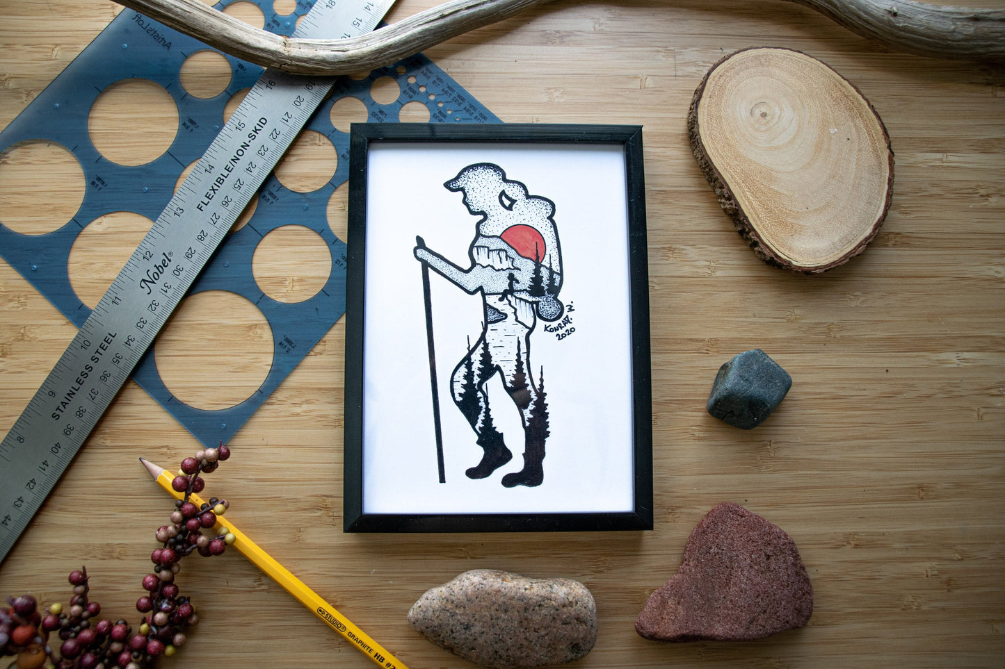 Hiking Girl - Pen and Ink PRINT