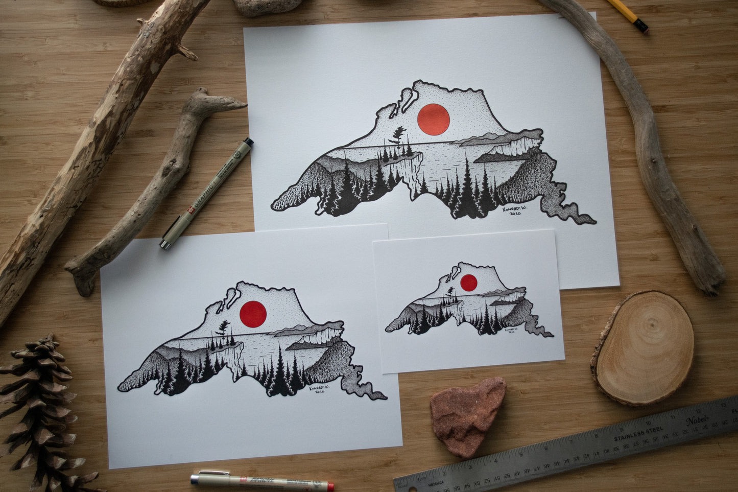 Lake Superior Silhouette - Pen and Ink PRINT - (2020 Design)